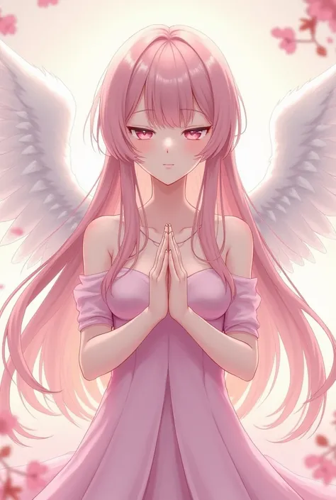 ( masterpiece of the highest quality ) Anime style girl long hair and pink eyes delicate beautiful white wings very devoted praying and meditating with her eyes closed dress that shows her pink breasts 