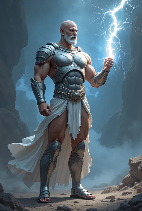 Zues holds a lightning bolt, skinny, shinning silver armor, sandal, bald, moustache