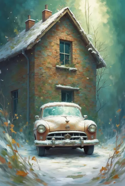 Oil painting, gloomy mood, chiaroscuro. A snow-covered car stands in front of a dilapidated brick building. A dark, earthy palette. Textured surfaces, vanitas still life. Decay and abandonment.