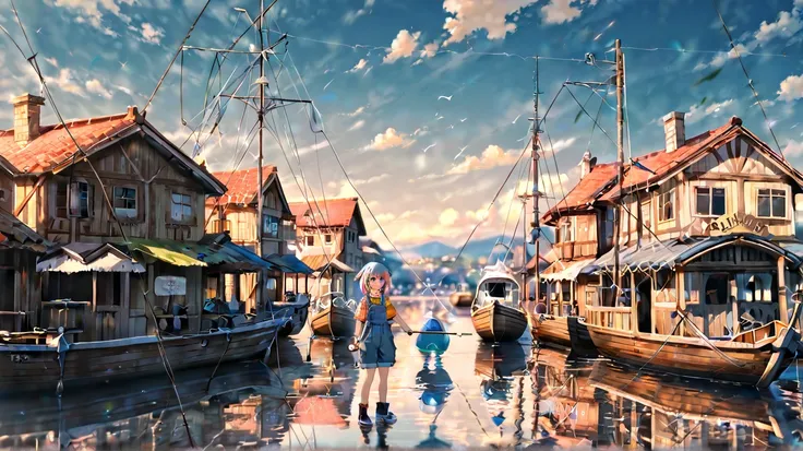  Scenery、 Overall Calm Colors 、(( Pinpoint Vivid Colors))、Japanese manga style、 Medieval Fantasy Style 、Afterglow、 Sky and Tranquility 、 calm sea、Fisherman's Fishing Boat 、(Dolphin)、(effect): (excellent)、( top quality)、( Sharp Focus )、( depth of field on t...