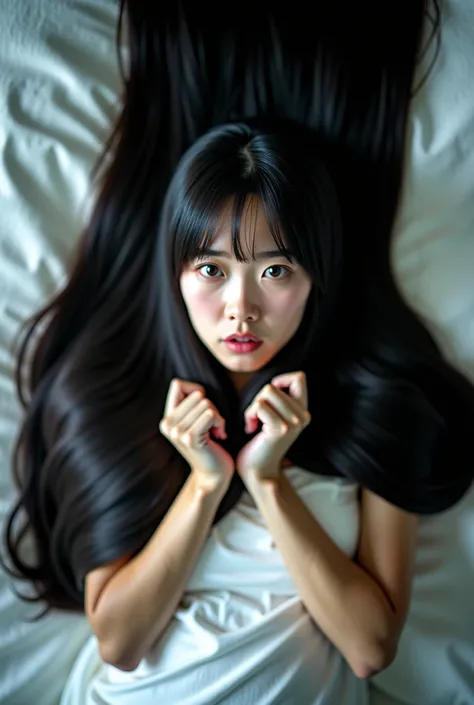   Japanese　 　８ｋ　 fear、 lie down on the bed、 she holds my smooth straight hair with both hands。、   looking at camera 、、 cute、  Japanese women、 selfie　((  her long hair scattered all over the bed  .!!!!!))　((  Her hair is straight  !!!!!))　( her hair is comp...