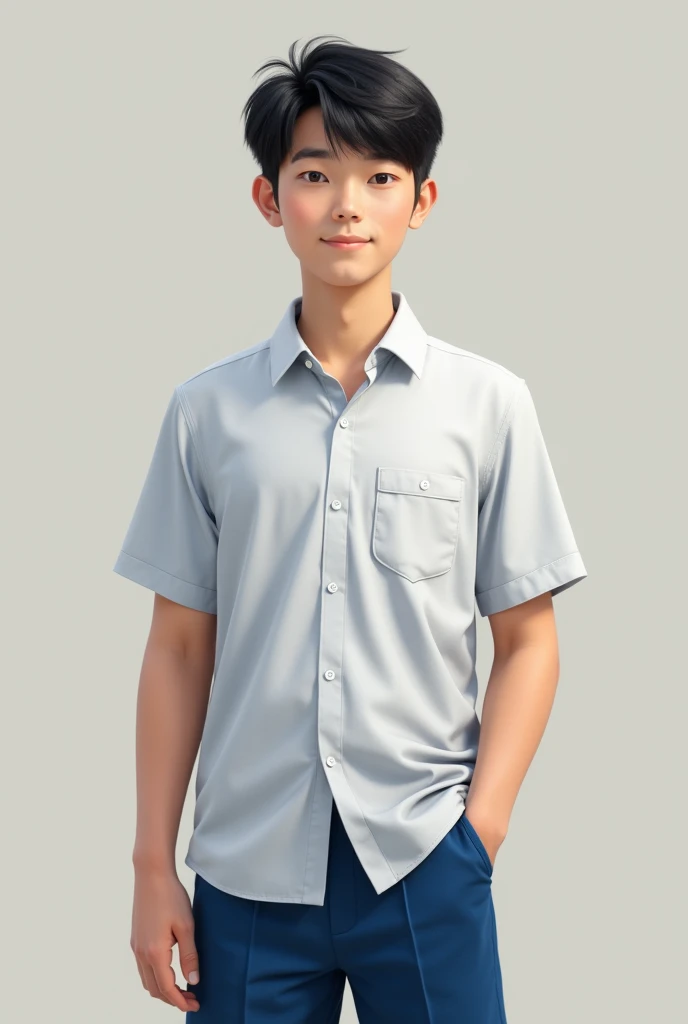 Created a age male character, about , wearing a Thai student uniform, blue shorts and a student shirt, black hair, white skin, height about 160.