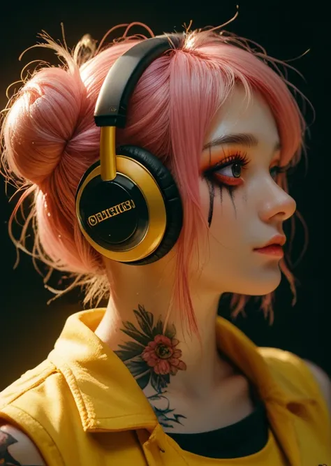 8k, masterpiece, highest quality, Korea's Beautiful Women, Close-up, vibrant pink hair, messy bun hairstyle, golden yellow headphones, yellow background, yellow vest, visible tattoos, subtle makeup, soft lighting, portrait, digital art style, hyper-realist...