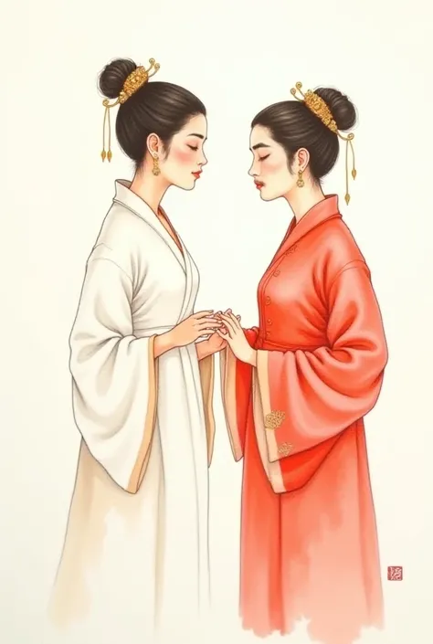  Watercolor Painting , Women and men who love each other ,   wearing Chinese clothes of the Tang dynasty ,   women digging in white  ,  men in red dresses  , ผมดำ, Higher than, but .,  bicolor ,  Little Woman, Silky-smooth white skin,  Painting,  gold orna...