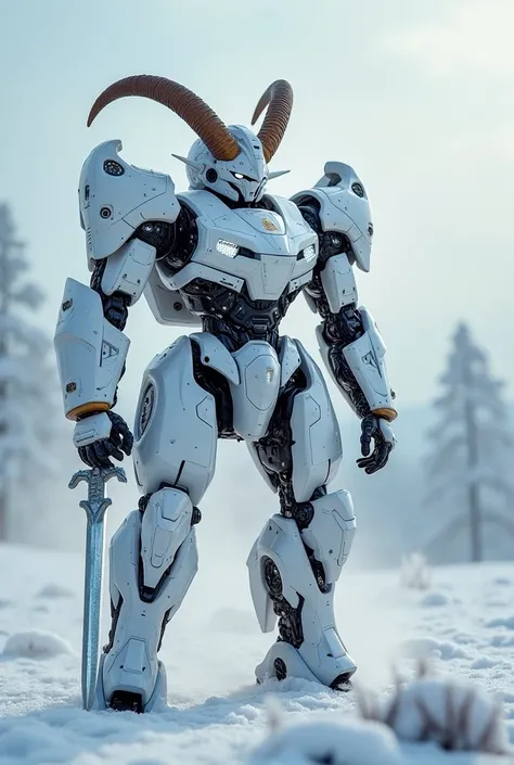 Make a Transformer (high), white in color, with black details,  rising with goat horns , with white lights, with characteristics that have to do with The Capricorn zodiac sign, With a robotic sword READY TO ATTACK ,  in a snowy field  