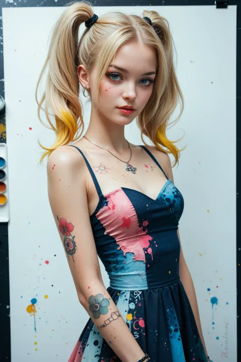 A slim young beauty with blonde pigtails wears a dress made of a patchwork of fabric molded into the shape of splashes of watercolor paint.