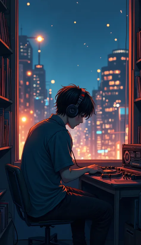anime illustration of Photo of a man listening to music wearing headphones(side profile view), Text why you, Super detail, Vintage wave, detailed city view, Sad atmosphere, Luminous light through the windows view of a beautiful bright city, nighttime scene...