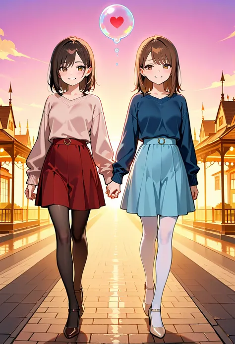 masterpiece, best quality, amazing quality, at Valentine Day, holding hands, walking, 2girl, smiling, looking at viewer, brown hair, medium hair, brown eyes, girl(pink sweater with knee, red skirt, black tights, brown pumps,), girl(blue sweater, light blue...