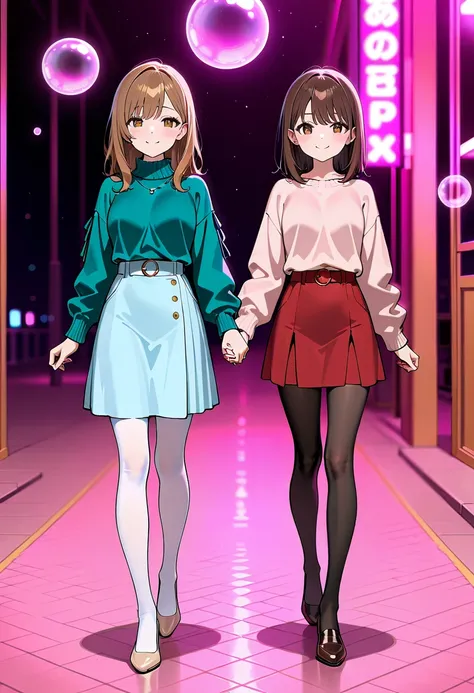 masterpiece, best quality, amazing quality, at Valentine Day, holding hands, walking, 2girl, smiling, looking at viewer, brown hair, medium hair, brown eyes, girl(pink sweater with knee, red skirt, black tights, brown pumps,), girl(blue sweater, light blue...