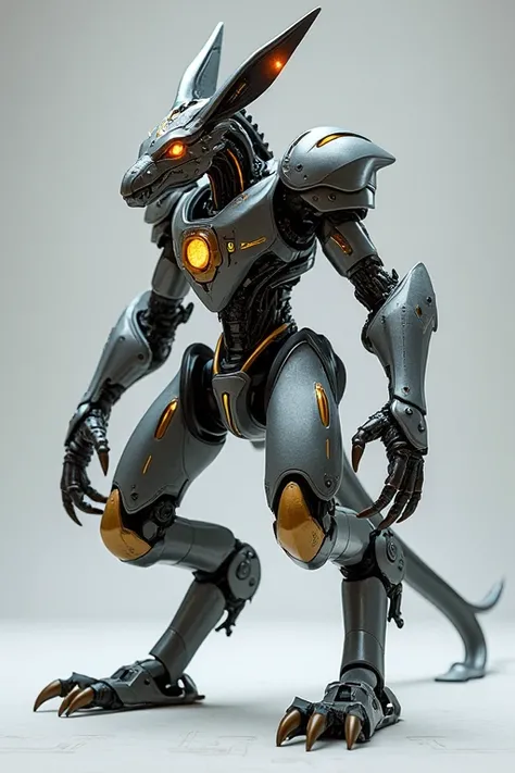 A futuristic biomechanical Warframe with inspirations dragon design suit with kangaroo big mechanical legs standing in a fighting pose with a grey background 