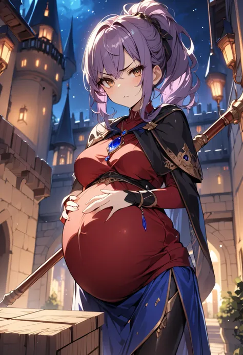 High Resolution, Masterpiece, 4K, castle courtyard, night, 1girl, violet hair, long tied ponytail, brown eyes, medium breasts, black cloak, sapphire pendant, red tunic, blue skirt, black leggings, armored boots, pregnant, quarterstaff, looking at viewer, a...