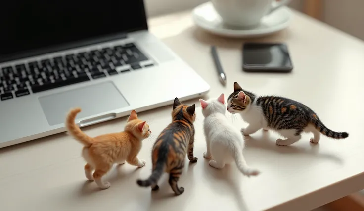 Top view of five miniature, micro, thumb-sized cats of various breeds and colors roaming and playing on a work desk with a laptop, viewed from a top-down perspective. The image is highly realistic, capturing fine details such as the texture of the cats' fu...