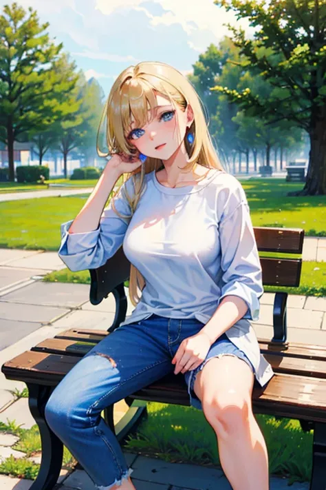  Attractive Young Sexy Russian Woman ,  18 years old,  cute baby face, blue eyes, ( short jeans short and tight :1.2),  big breasts, light blonde hair,  long hair,  earrings, ( Sitting on a Bench in a Public Park), ( from the head at the end of the skirt )...