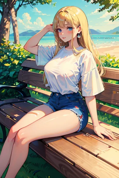  Attractive Young Sexy Russian Woman ,  18 years old,  cute baby face, blue eyes, ( short jeans short and tight :1.2),  big breasts, light blonde hair,  long hair,  earrings, ( Sitting on a Bench in a Public Park), ( from the head at the end of the skirt )...