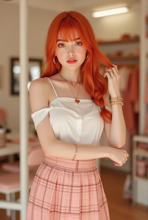 [Style Description]: Create an image in the style of animated hyperrealism with warm and inviting aesthetics::2.
[Appearance Description]: A girl with long, vibrant red hair styled into a single braid draped over one shoulder. She wears a white off-the-sho...