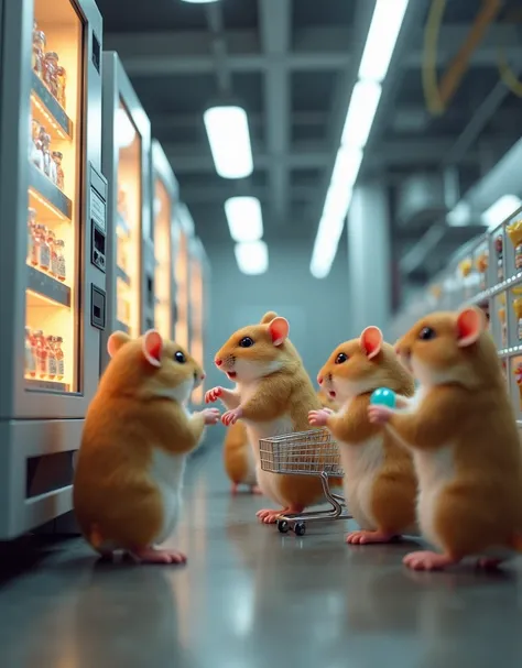 masterpiece, best quality,   photorealistic, realistic, photography, Hamsters shopping at vending machines