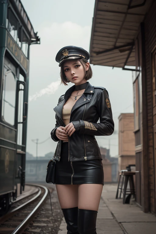 1 girl, Pilot Cap , Alone, steam punk, station, , steam, Masterpiece, very detailed on trends , high resolution, 8k resolution, best quality ,