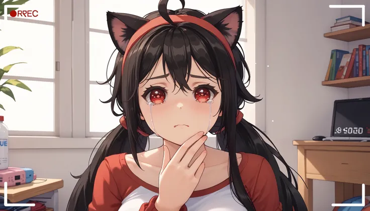 meter ,    long hair, periphery, , ((cat girl, cat ears)), (red eyes), ( long hair ), (( black hair, (Ahoge) , (streaming tears), cry,    multicolored ,  Unscrewed  ,   headband  , choke,Break  shirt,  shirtless ,   bra attached to a lace coat , ,Break loo...