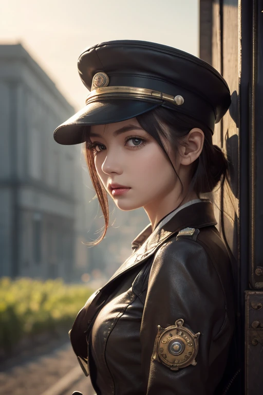 1 girl, Pilot Cap , Alone, steam punk, station, , steam, Masterpiece, very detailed on trends , high resolution, 8k resolution, best quality ,