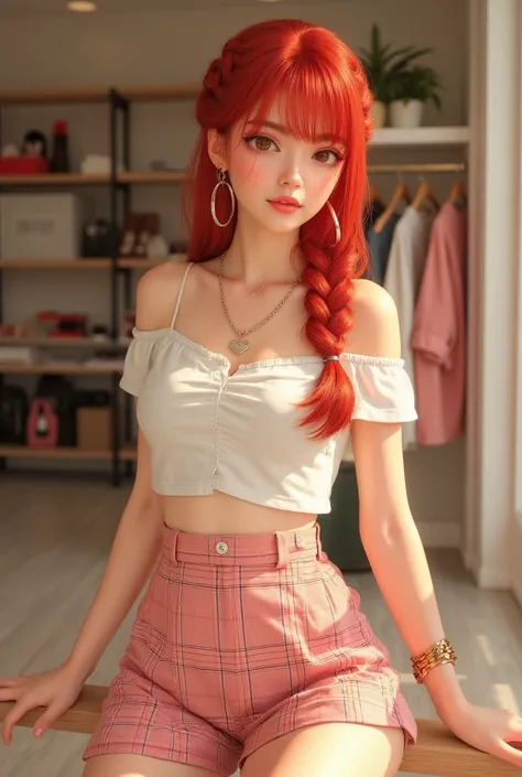 [Style Description]: Create an image in the style of animated hyperrealism with dramatic and confident aesthetics::2.
[Appearance Description]: A girl with long, vibrant red hair styled into a single braid draped over one shoulder. She wears a white off-th...