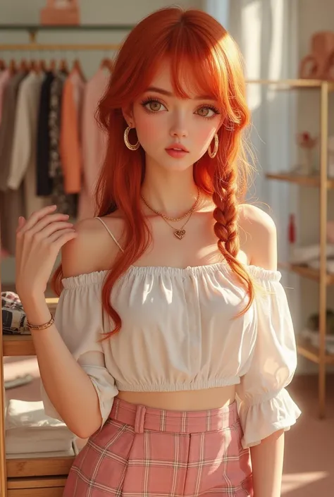 [Style Description]: Create an image in the style of animated hyperrealism with dramatic and confident aesthetics::2.
[Appearance Description]: A girl with long, vibrant red hair styled into a single braid draped over one shoulder. She wears a white off-th...