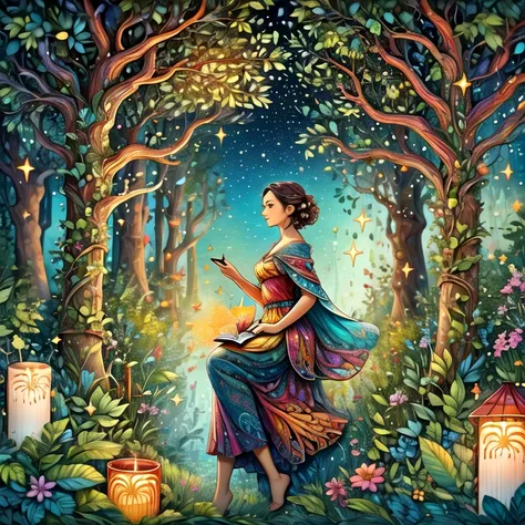  magical open book with glowing golden light emerging from its pages, surrounded by floating sparkles. The book rests on a rustic wooden table with an old candle flickering beside it, casting warm, soft shadows. In the background, a worn leather satchel le...