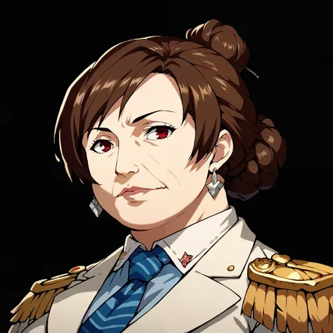 Score_9, score_8_up, score_7_up, source_anime, looking at viewer, cowboy shot,masterpiece, best quality, portrait,beautiful, black background,  BREAK, Makoto Niijima,  brown eyes, red eyes, (mature female, mature face, milf),  white  shirt, buttons, chief ...