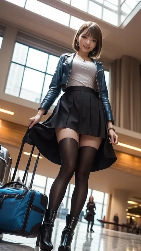 ((from below:1.3、from front:1.3))、 panties、(( black tiered skirt 、 leather jacket 、 black tights、 stiletto boots、 tank top))、( blue eyes、 short bob hair、double bun、smile、Seductive face、Inviting face、Waiting face、Earrings、Medium breast)、Walk through the air...