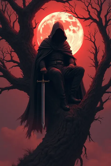  A hooded figure sits on the edge of an old tree,  holding a sword in one hand ,  under the full moon .  Fantasy art ,  crimson red colors , in the style of Simon Beasley .