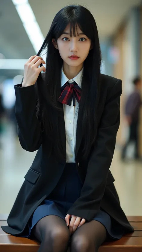 A photo Japanese cute actress wearing school shirt blazer school uniform, cool expression, very long straight black hair, sitting on a bench in a mall, touching hair,looking at camera, studio lighting, 8k. Dramatic, professional photography, UHD,thigh,  bl...