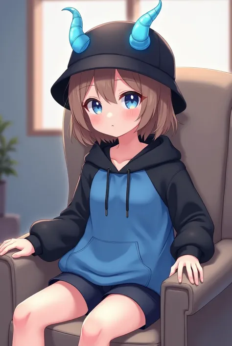 Draw a feminine looking anime boy with a blue and black hoodie a black bucket hat blue horns a perfect cute face expressive blue eyes 3 inch shorts brown messy hair while sitting in a chair