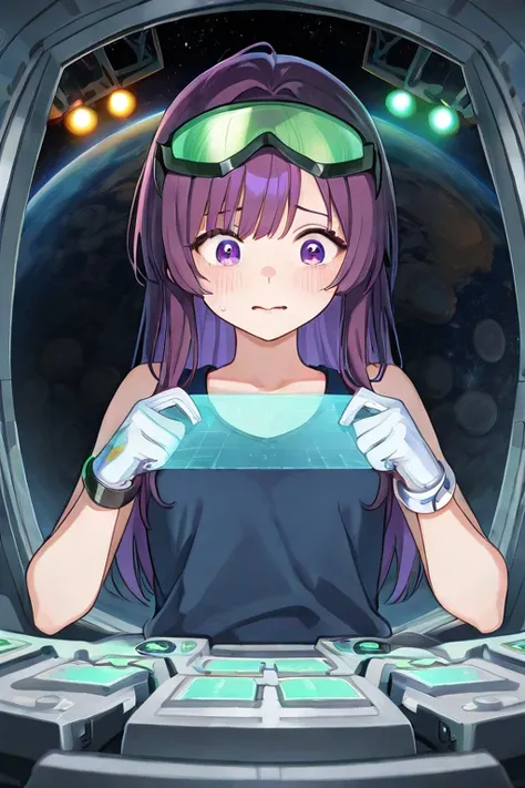 Solo, upper body, inside space ship, wires, piloting controls, switches, control switches, flashing lights, gloves, nervous girl with purple eyes, purple hair, long hair, swept, bangs, standing at attention, thin, green tinted goggles on head, wearing dark...