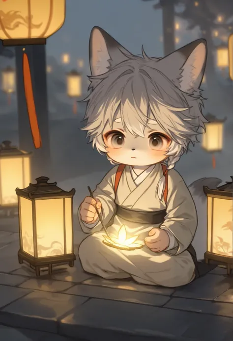   Fox Boy  ，gray haired furry boy， Toddler，Hanfu，lantern