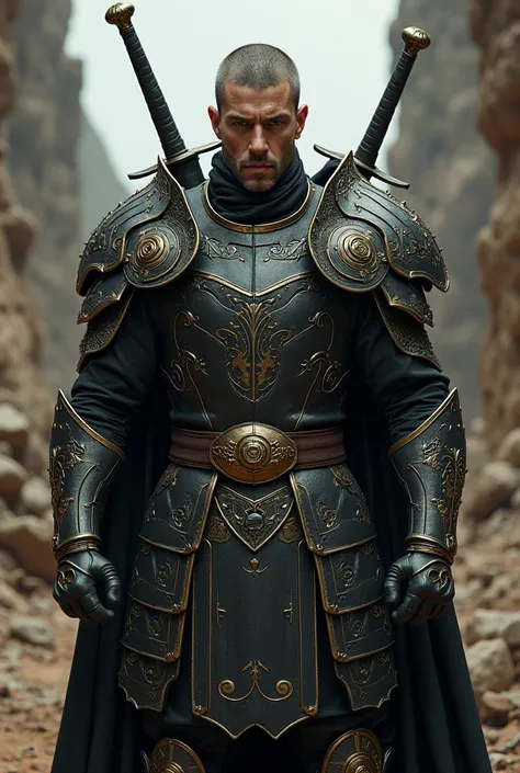 A warrior with two swords black-and-gold armor who has two swords on his back and in the middle that says “The Warriors”