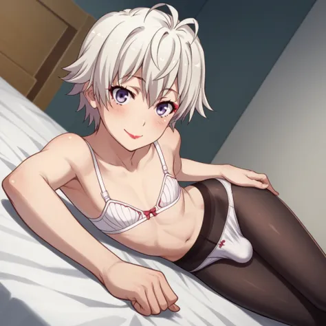 score_9, score_8_up, score_7_up, source_anime,
Saika Totsuka, SaikaTotsuka, short hair, purple eyes, white hair, hair intakes, antenna hair,
red eyeshadow, pink blush, red lipstick, white shell-shaped bra, flat chest, white panties, (bulge), bulge penis un...