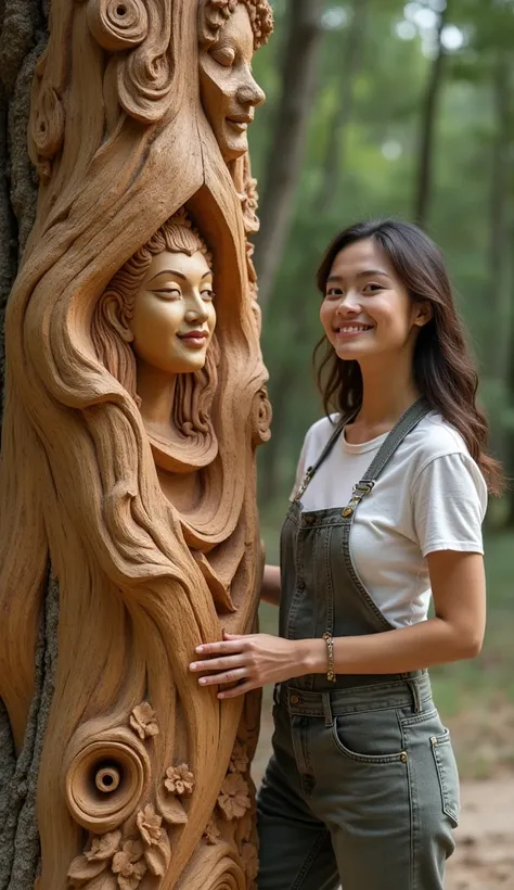 "A talented female sculptor"
A beautiful, smiling 24-year-old woman stands next to a tree trunk sculpture she completed using the wood carving method, carving intricate idols and flowers with exquisite craftsmanship. She felt happy and satisfied with the a...