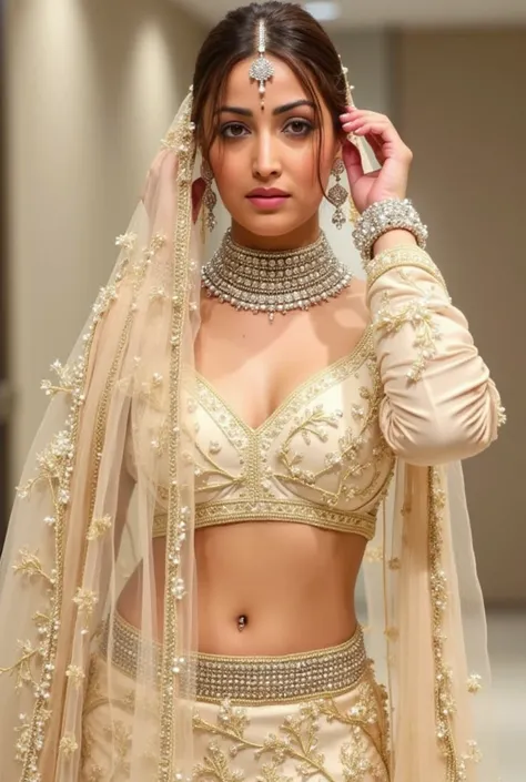 (masterpiece, best quality:1.2), She is draped in a soft ivory lehenga with delicate gold embroidery, giving her an ethereal, moonlit glow. Her champagne-gold sheer veil barely grazes her bare stomach, fully exposing her deep navel and slim waistline. A pe...