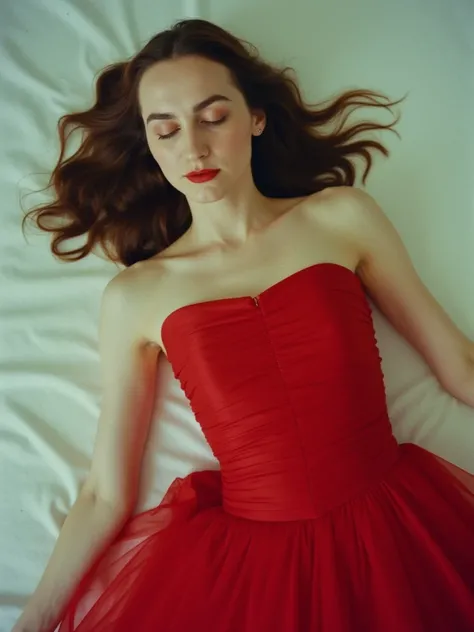 Maude Apatow, picture from above, lying limp on a bed with white sheet, red strapless dress, sleeping, closed eyes, head tilt, mouth slightly open, loose arms