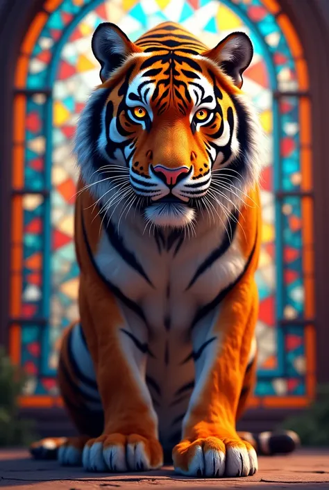 A brightly colored tiger with a ferocious and powerful gaze in front of stained glass, Shining Tiger, 4k  High Definition Digital Art ,  8K high quality detailed art ,  High Definition Digital Art ,  High Definition Digital Art work,  Beautiful Digital Art...