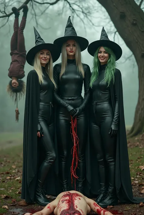 hyperealistic photo, Three young beautiful witches dressed in black tight leather turtleneck and leggings. Wearing a black cape and a hat. They are smirking and seem amused. Wearing long latex gloves and leather boots.  The witch in the middle has green an...