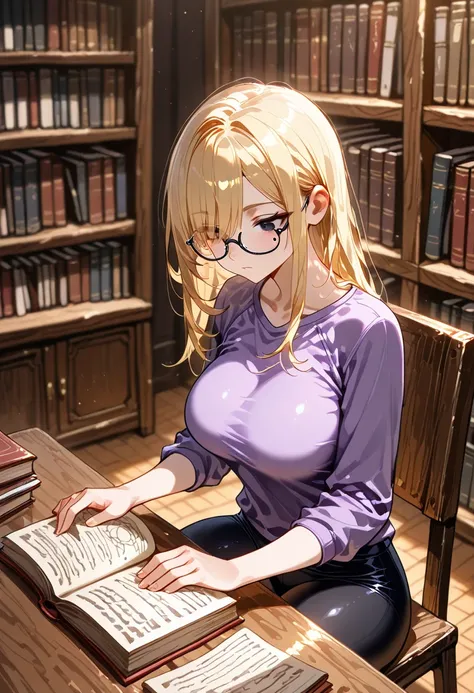 one girl, high resolution , masterpiece, Very Detailed , ultra high definition, cowboy shot, stripper, dark eye liner, dark eyes, expressionless, sfw, thick nerdy glasses, plain purple tee shirt, black leggings, long blonde hair, large breasts, mole under ...