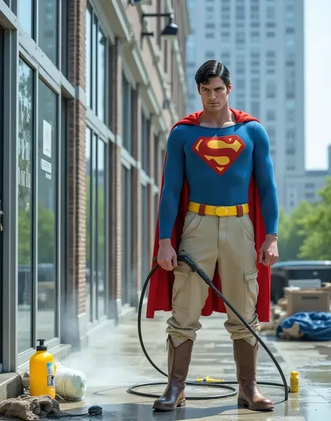 Superman wearing cleaning clothes in front of an office building.  with a yellow Superman logo on his chest .  I'm wearing boots , his face is stern and determined  , I'm using a pressure washer,