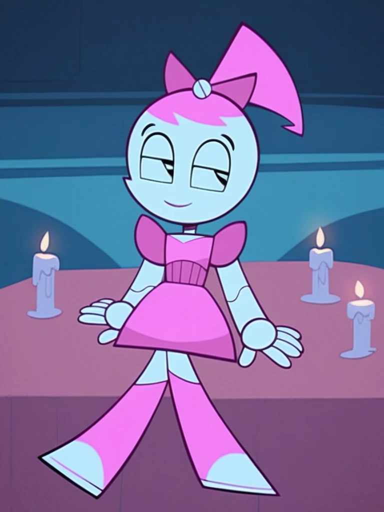 dance dress jenny, jenny wakeman, 1girl, solo, robot joints, black eyes, white skin, pink hair, pink ponytail, pink hair bow, pink poofy dress, flat lighting, seductive smile, half eyes closed, closed mouth, looking at viewers, indoors, candles on the desk...