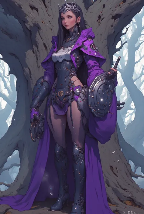 - Beautiful woman "Dominica", Long Purplish Black Hair, wearing a Silver Crown.

- Wearing a costume ("Full Sexy Armor").
Chest and Thigh Armor are half open.
Futuristic Costume Design.
Wearing an Amethyst Color robe.

- High heels are very detailed, hand ...