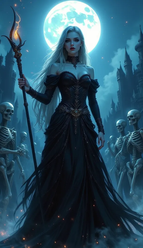 bo-an1me, dark fantasy illustration, high detail fantasy anime, a dark, mystical scene. The central figure is a woman with pale skin and long, flowing hair, wearing an elaborate, gothic-style black dress with intricate details. She holds a staff with a glo...