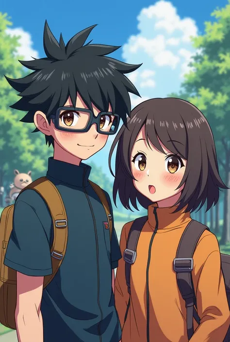 Anime image title Pokémon boy guero with Chinese lenses black hair black eyes and girl short hair up to the shoulders black brunette lenses and brown eyes