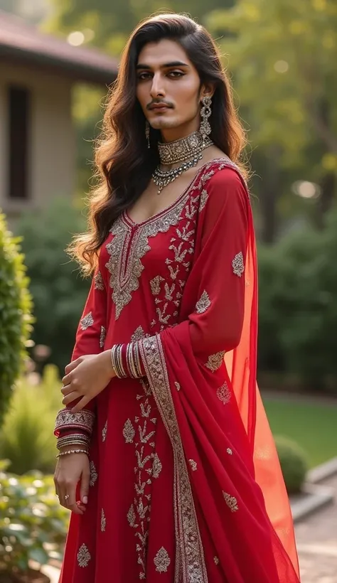 A young crossdresser man with delicate yet subtly masculine facial features, long wavy hair, and a confident expression. He is wearing a full-length traditional royal red blue silk salwar kameez with intricate silver embroidery, matching earrings, heavy ba...