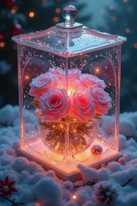 " highly detailed and intense horror full-body portrayals with ultra-detailed 8k wallpaper， dramatically capture , Show intricate details , HDR,  Shallow depth of field, backlit, bloom,  SHINING LIGHT , Chromatic Aberration." Frozen roses in a crystal box ...