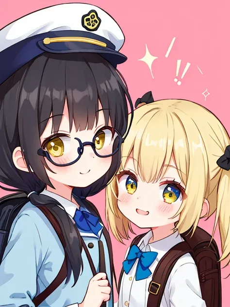  two pretty girls chatting、delicate、 file、School route、There is a height difference between the two。 The expressions of the two are different

〈First Girl
（ height 、 yellow hat、 backpack 、uniform、 blonde twin tail、 file、A mischievous smirking smile、 has op...