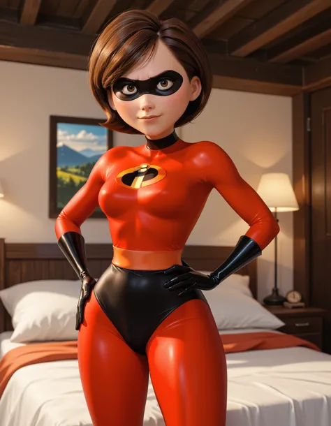 1girl, Helen Parr, The Incredibles, standing, one hand on hip,red incredible bodysuit, red bodysuit leggings, (black bodysuit high cut briefs), sexy pose, lustful, BREAK, night time, mountain cottage, cinematic lighting, smile, looking at viewer, black eye...